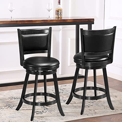 Hysache Bar Stools Sets of 2, Wooden Swivel Counter Height Chairs w/Footrest, PVC Cushioned Seat, 360° Swivel Kitchen Stool, Ideal for Dining Room, Living Room, Kitchen (Black, 29