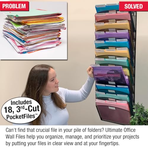Ultimate Office Mesh Wall File Organizer, 15 Tier Vertical Mount Hanging File Sorter. Multipurpose Display Rack Includes 18, 3rd Cut PocketFile Clear Document Folder Project Pockets (Black)