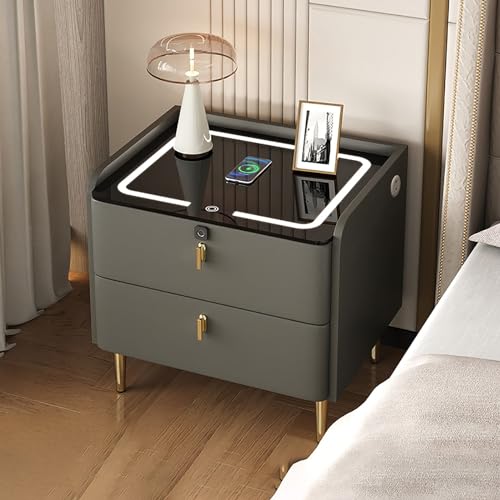 Night Stand with lED Lights, Nightstand with Charging Station and USB Ports, 2 Drawers Bedroom end Table, Modern Bedside Night Stand for Bedroom, Living Room-Milky White (Color : Milky White, Size :