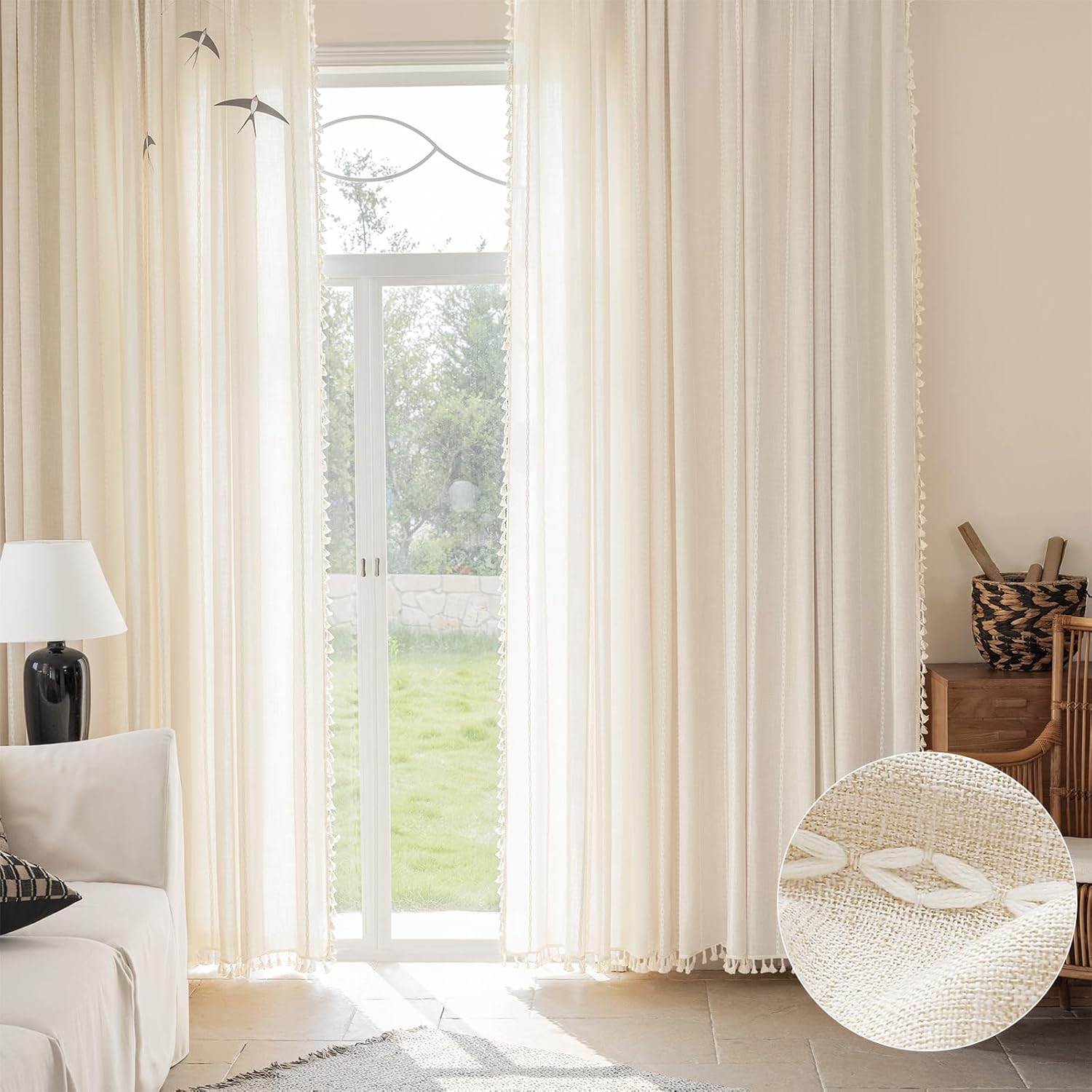 Cream Curtains 84 Inch Length 2 Panels Set, Long Boho Farmhouse Linen Striped Embroidery Drapes with Tassels for Bedroom Living Room, Light Filtering Rod Pocket Window Treatments, 52x84, Beige