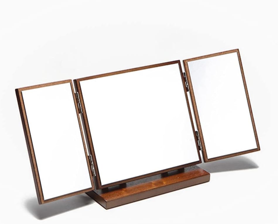 Tri- Fold Makeup Mirror Vintage Wooden Carved Pattern Folding Cosmetics Mirror Trifold Vanity Mirror Folding Tabletop Cosmetic Mirror Travel Mirror for Dresser Table