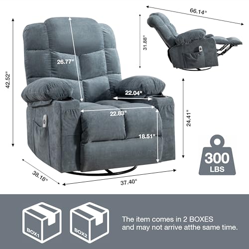 INMOZATA Rocker Recliner Chair for Adults, 360 Degree Swivel Living Room Chair, Manual Massage Chair with Heat, Linen Swivel Accent Arm Chair with Cup Holders Side Pocket USB Port for Bedroom,Brown
