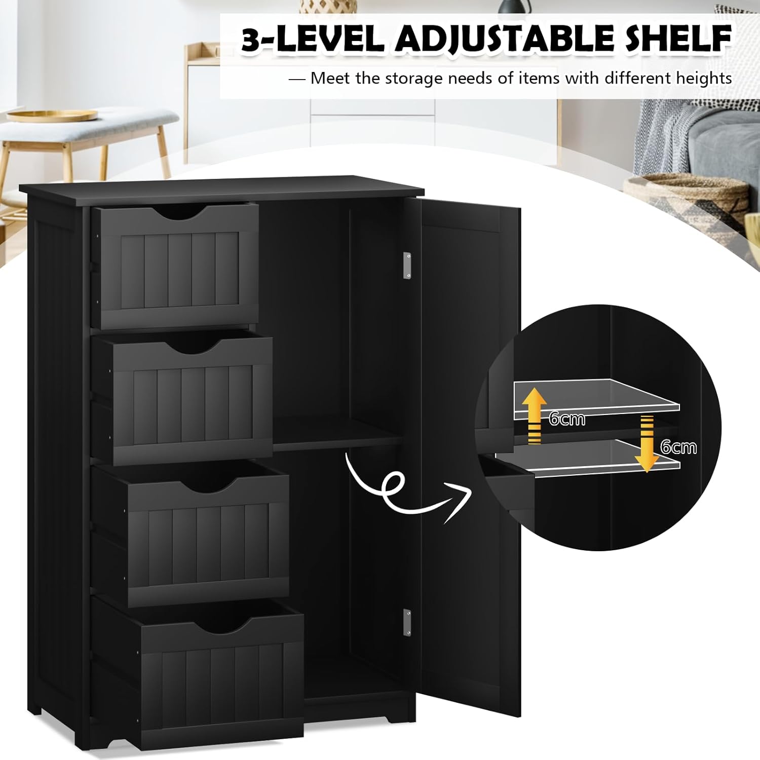 Bathroom Floor Cabinet, Freestanding Storage Organizer Unit with Adjustable Shelf, 1 Doors and 4 Drawers, Wooden Freestanding Cupboard for Entryway Kitchen Living Room (Black)