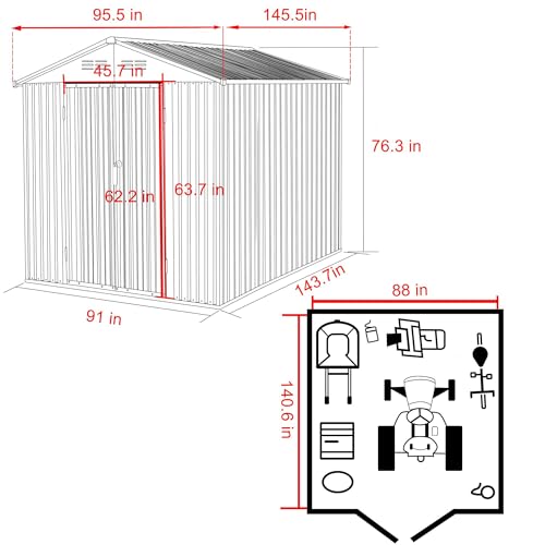 MUPATER 8x12 FT Outdoor Metal Storage Shed, Waterproof Garden Tool Shed Kit with Lockable Doors, Garden Furniture Tools Storage Shed House with Vents for Backyard, Patio, Grey