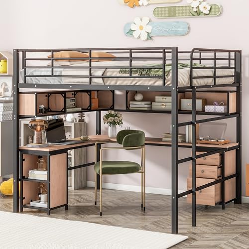 Full Size Metal Loft Bed with Bookcase and L -Shaped Desk, Heavy Duty High Loft Bed Frame with Open Cabinet and Built-in Ladder for Small Room, Dormitory, Apartment, Bedroom (Black, Full)
