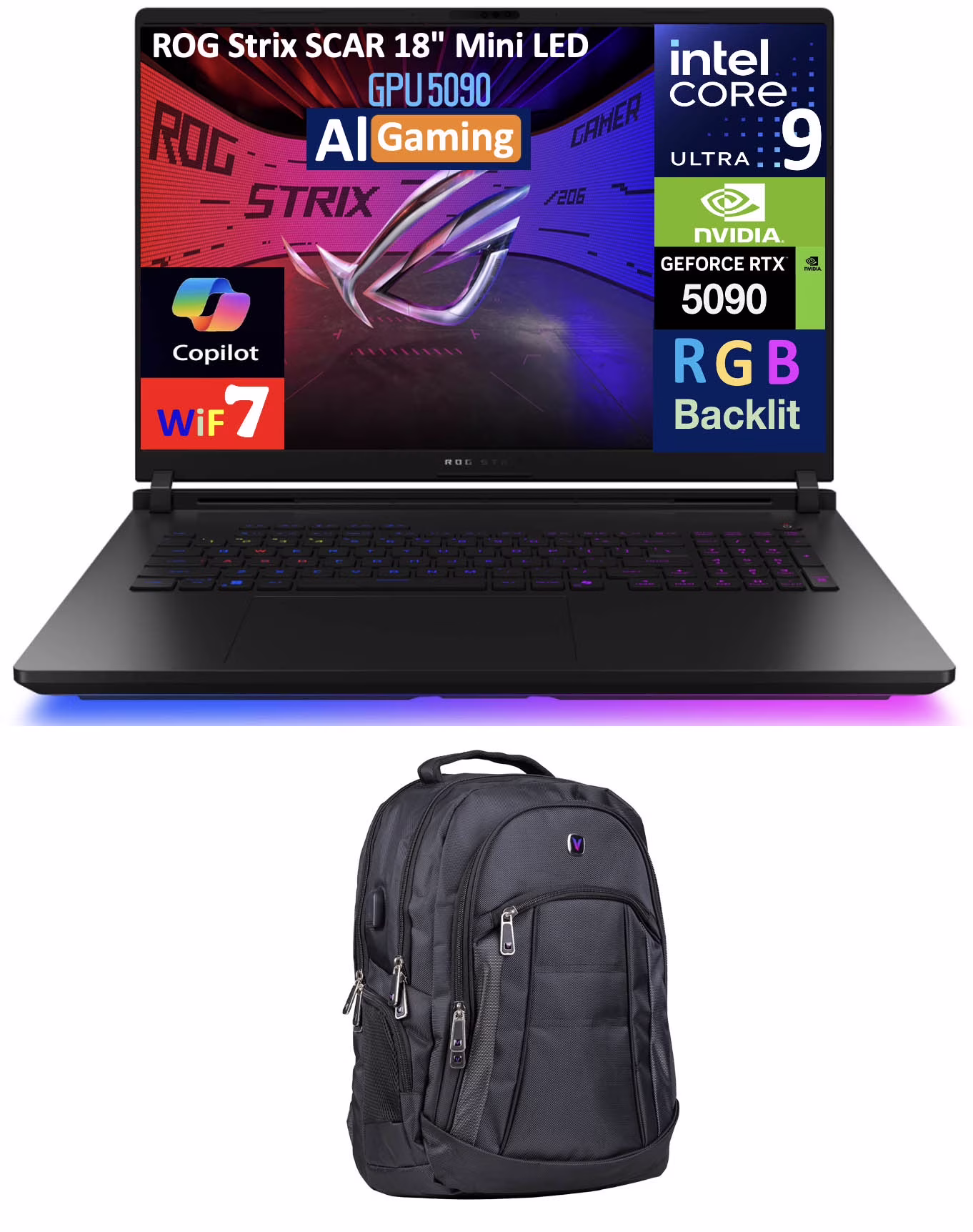 ASUS ROG Strix SCAR AI Gaming Laptop 18in 240Hz Mini LED WQXGA Display (Intel Ultra 9- 275HX, NVIDIA GeForce RTX 5090 24GB, 64GB DDR5, 8TB PCIe SSD, RGB KB, Win 11 Pro) w/Premium Backpack