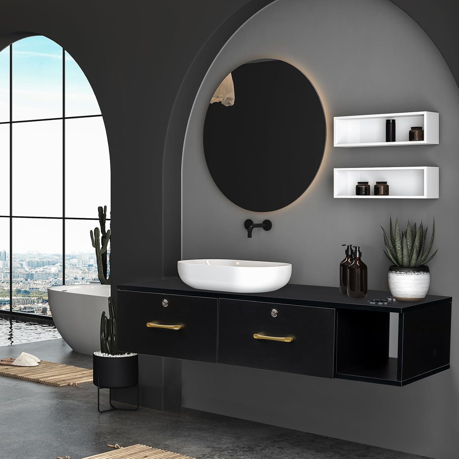 Black Wall Mount Station with Drawers Storage Beauty Salon Spa Equipment, Salon Cabinet Storage for Barbershop Beauty Spa Salon, Barber Table Salon Station Wood Beauty Salon Spa Storage Cabinet Table