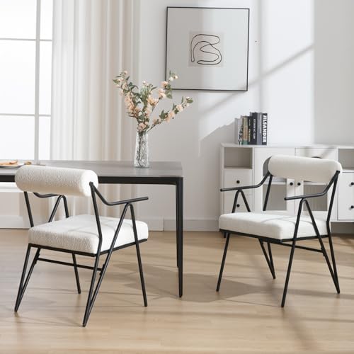 Modern Dining Chairs Set of 2, White Sherpa Upholstred Side Arm Chairs Mid-Century Open Back Kitchen Chairs Black Metal Legs for Kitchen Dining Room