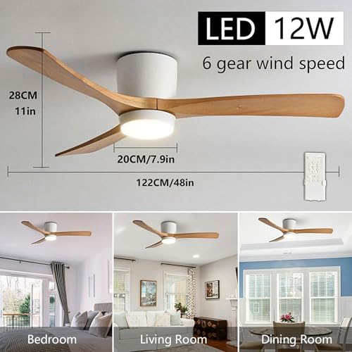 36in Quiet Ceiling Fans with Light 12W LED Nordic Ceiling Fan Lights Living Room Bedroom ‎Remote Ceiling Lighs Fan Lighting 6 Gear Wind Speed Grey Ceiling Fan Light Wooden Fan Blades