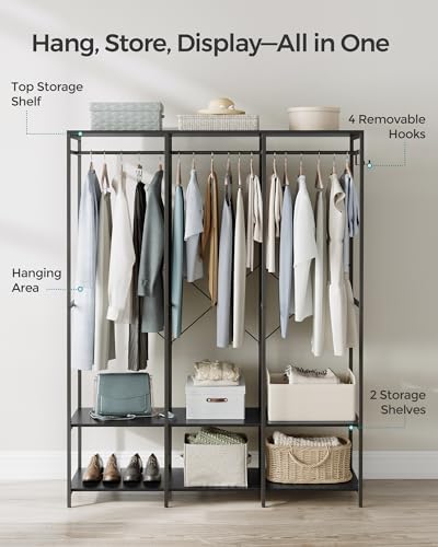 SONGMICS Clothes Rack, Iron and Wood Wardrobe Closet Organizer, Heavy Duty Garment Rack with Hanging Rods, Closet Shelves, Removable Hooks, 15.7 x 37.2 x 70.9 Inches, Ebony Black URGR004B56