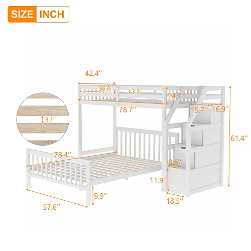 SOFTSEA Kid's Bunk Bed Twin Over Full with Desk and Drawers for Storage Solid Wood Loft Bed for 2, Modern Bunk Bed Frame with Ladder and No Box Spring Needed, MuddyWhite