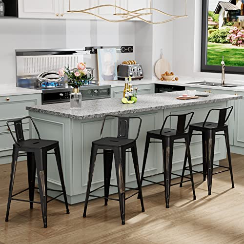 Aklaus Metal Bar Stools Set of 4 Barstools Counter Height Bar Stools with Back Industrial Bar Stools Indoor Outdoor Kitchen Dining Chairs Modern Bar Chairs Distressed Teal Blue 24inch Stools