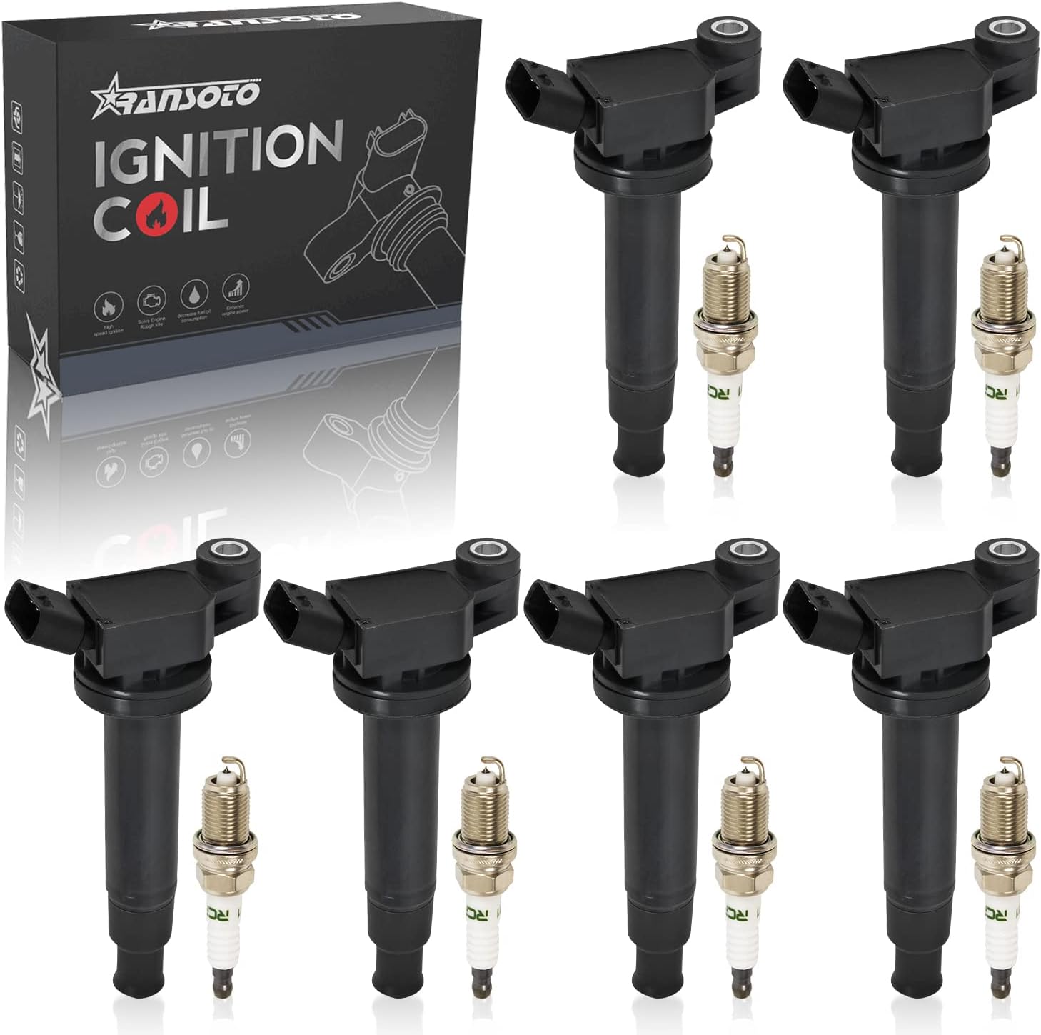 RANSOTO UF267 6PCS Ignition Coils Pack 90919-01210 Spark Plugs 4504 PK20TT Compatible with 1999-2003 Lexus ES300 RX300 RX400h, Toyota Avalon Camry Highlander Sienna Solara 2000-2008 3.0L 3.3L V6