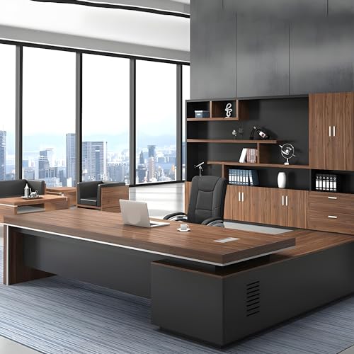 Wood Office Desk, Modern L-Shape Executive Desk with Wood Sled Base and Cable Management – Brown (94.5