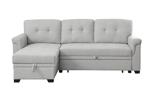 Upholstered Sectional Sofa w/Storage Chaise and Removable Back Cushions, Pull-out Loveseat with A Side Open Cup Holder, Suitable for Living Room and Bedroom, 92 in, Blue