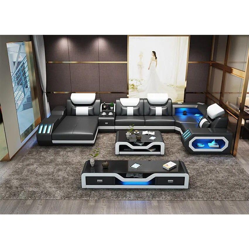 Luxury Italian Leather U-Shaped Sofa with Bluetooth Speaker, USB, LED Light + Matching Coffee Table and TV Stand Black/Warm White