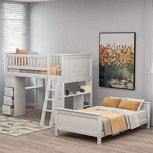 Twin Over Twin Bunk Bed, Rockjame Solid Wood Bedroom Furniture Bed Frame with 4 Drawers and Shelves, Wood Bed Frame with Ladder, Suitable for Kids and Teens (White) (Color : White)