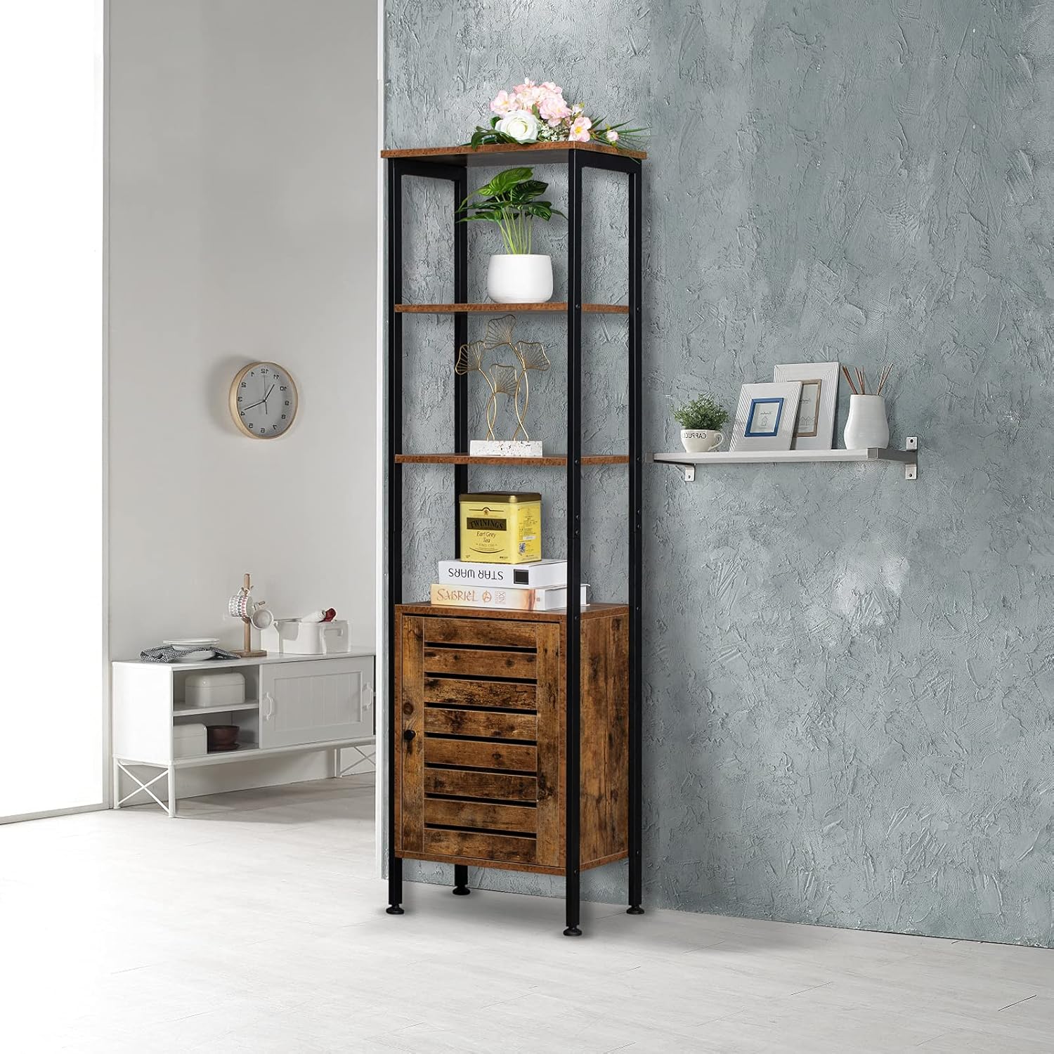 Office Storage & Organization, Tall Cabinet, 4-Tier Storage Cabinet with Door and Inside Adjustable Shelf, Steel Frame, for Living Room, Entryway, Kitchen, Industrial