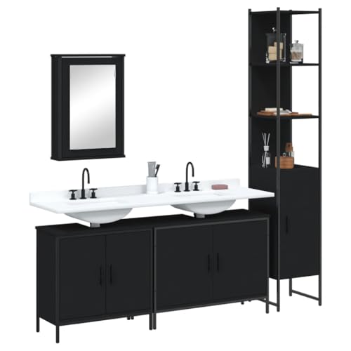 4 Piece Bathroom Furniture Set Black Engineered Wood,AllinOne Bathroom Furniture Set with Spacious Storage for a Tidy and Striking Bathroom Bathroom Furniture, Bathroom Sets
