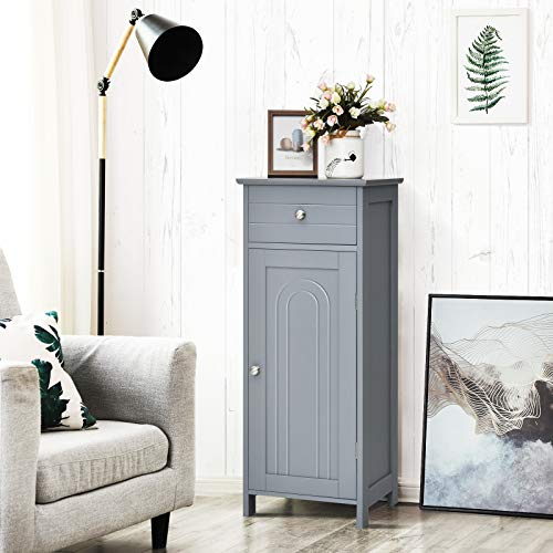 Floor Storage Cabinet, Bathroom Freestanding Side Storage Organizer, Single Door Floor Storage Cabinet w/Drawer & Adjustable Shelves, Modern Side Cabinet for Entryway Living Room (Black)