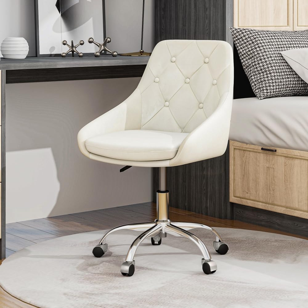 Modern Velvet Fabric with Chrome Legs Living Room Furniture Dining Chair, Soft and Comfortable, Lift Adjustment, Movement Convenient, Space Saving. (Set of 1) Foam Beige Metal