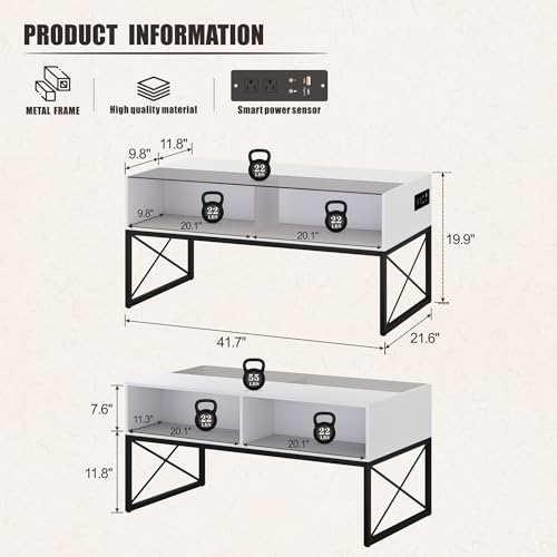Glass Coffee Table with Storage, Grey Mid Century Modern Coffee Table for Living Room, Smart Led Light Wood Coffee Table