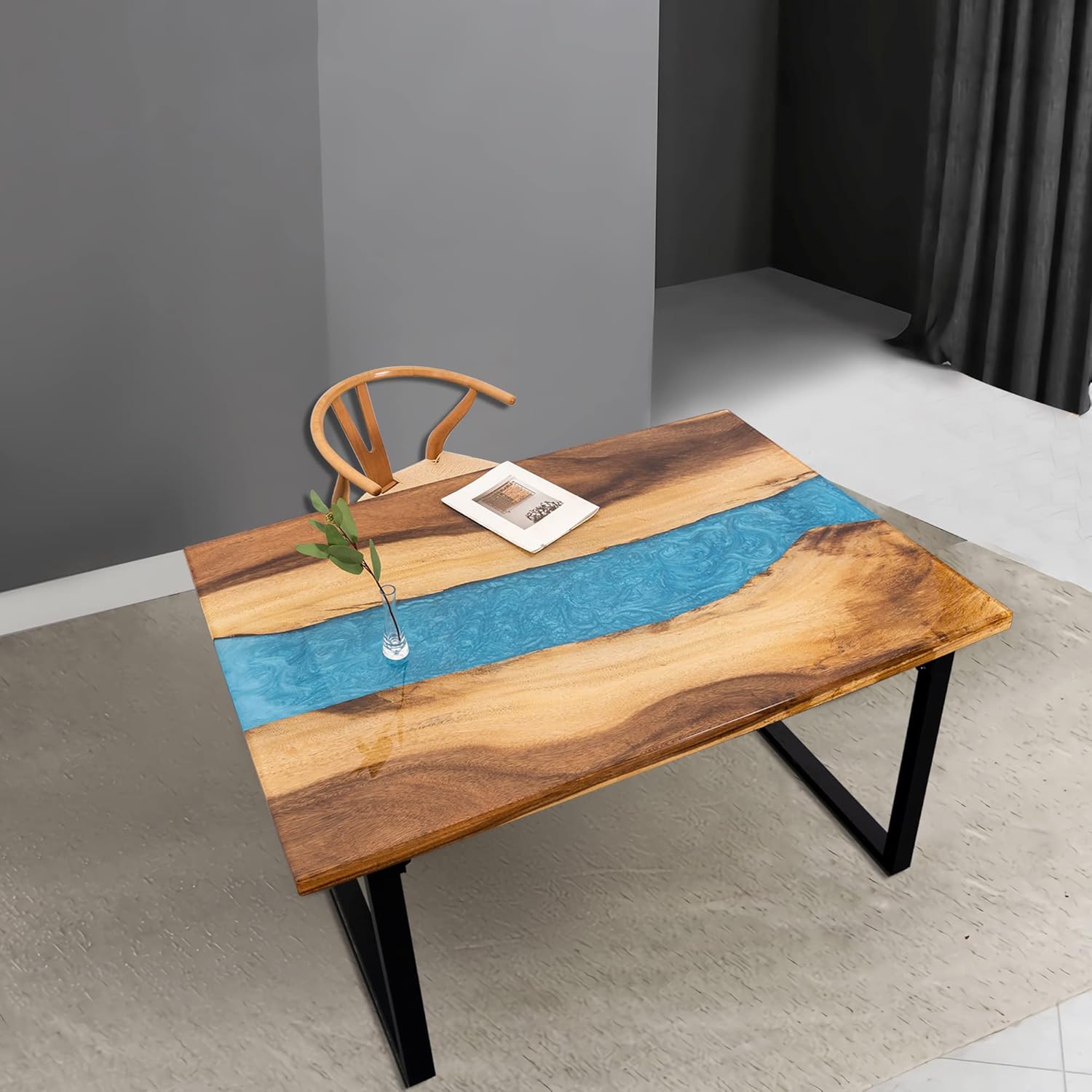 Coffee Table With Turquoise Epoxy Resin And Timber Live River Edge Stylish Designer Modern Rectangular Wooden Rustic Dining Table For Living Room Apartment Office Kitchen Farmhouse (80''X33'')