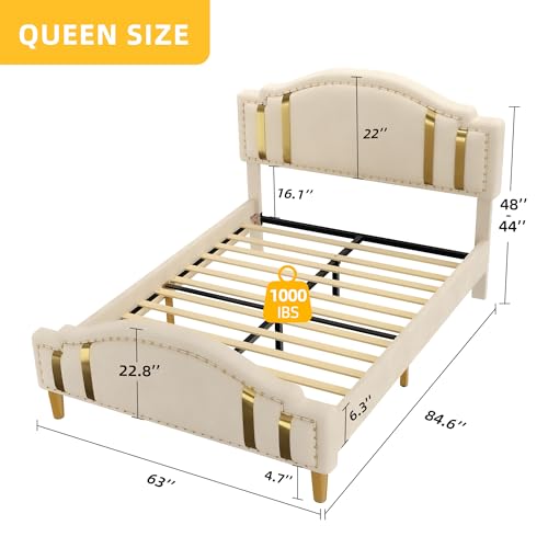 YITAHOME Queen Velvet Bed Frame with Adjustable Headboard, Upholstered Headboard and Footboard, Stable Metal Base & Sturdy Wood Slats, No Box Spring Needed Easy Assembly, Beige