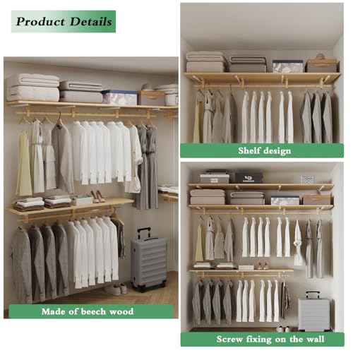 Solid Wooden Clothes Rack with Top Shelf, Wall Mounted Garment Rack, Closet System, Walk In Closet Organizer with Multi-Purpose Clothing Hanging Rod, for Open Cloakroom, Bedroom Closet Storage(100cm/3
