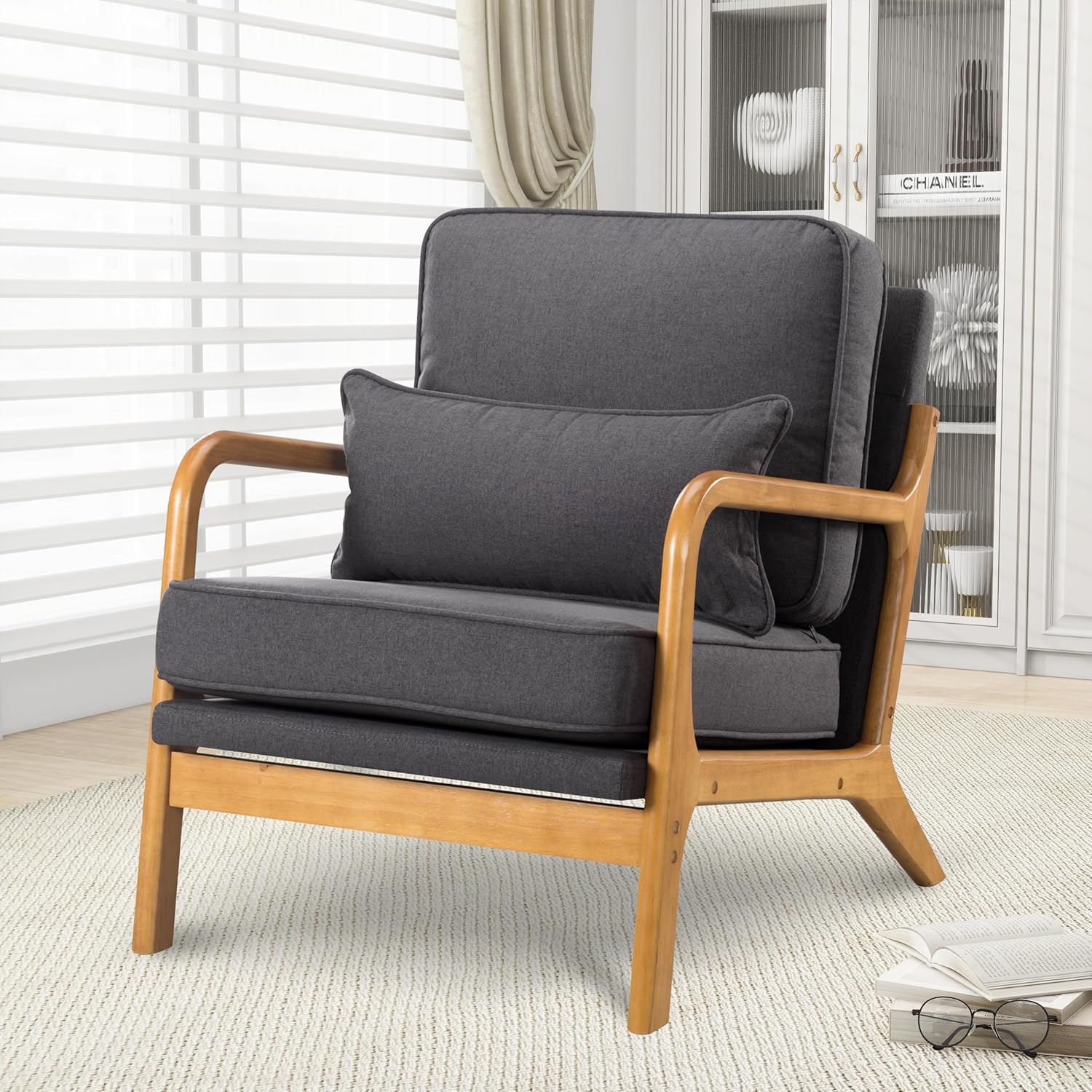 Accent Mid-Century Modern Pillow Upholstered Lounge Arm, Reading Armchair with Solid Wood Frame & Soft Cushion, Living Room Chairs for Bedroom,Sunroom, Grey