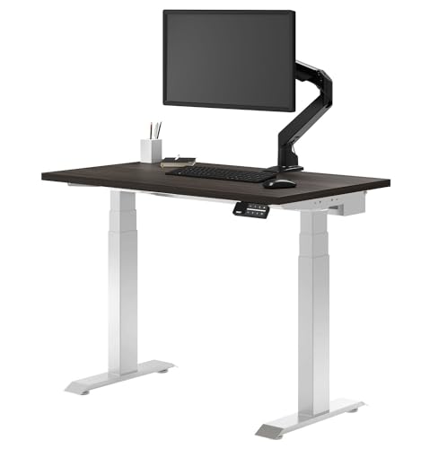 Dual Mini Sit Stand Desk - 32x20'' Electric, Small Standing Desk - Dual Motor, 3 Stage Small Adjustable Desk with 4 Presets - Standup Desk for Home Office - Whole-Piece Top in Sublime Teak Wood
