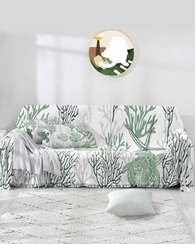 Ocean Orange Blue Sofa Cover Couch Covers for 3 Cushion Couch Throw Couch Cover with Tassel Soft Sofa Slipcover Summer Sea Turtle Coral Starfish Seahorse Couch Furniture Protector for Dog Pet 71