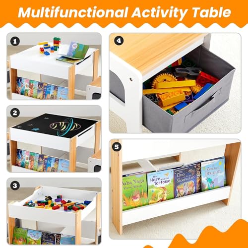 Asweets Kids Table and Chair Set,4 in 1 Toddler Desk with Storage Drawer,Wooden Activity Table for 2 in 1 Detachable Tabletop,Bookshelve,Suitable for Classroom,Home, Nursery, Playroom