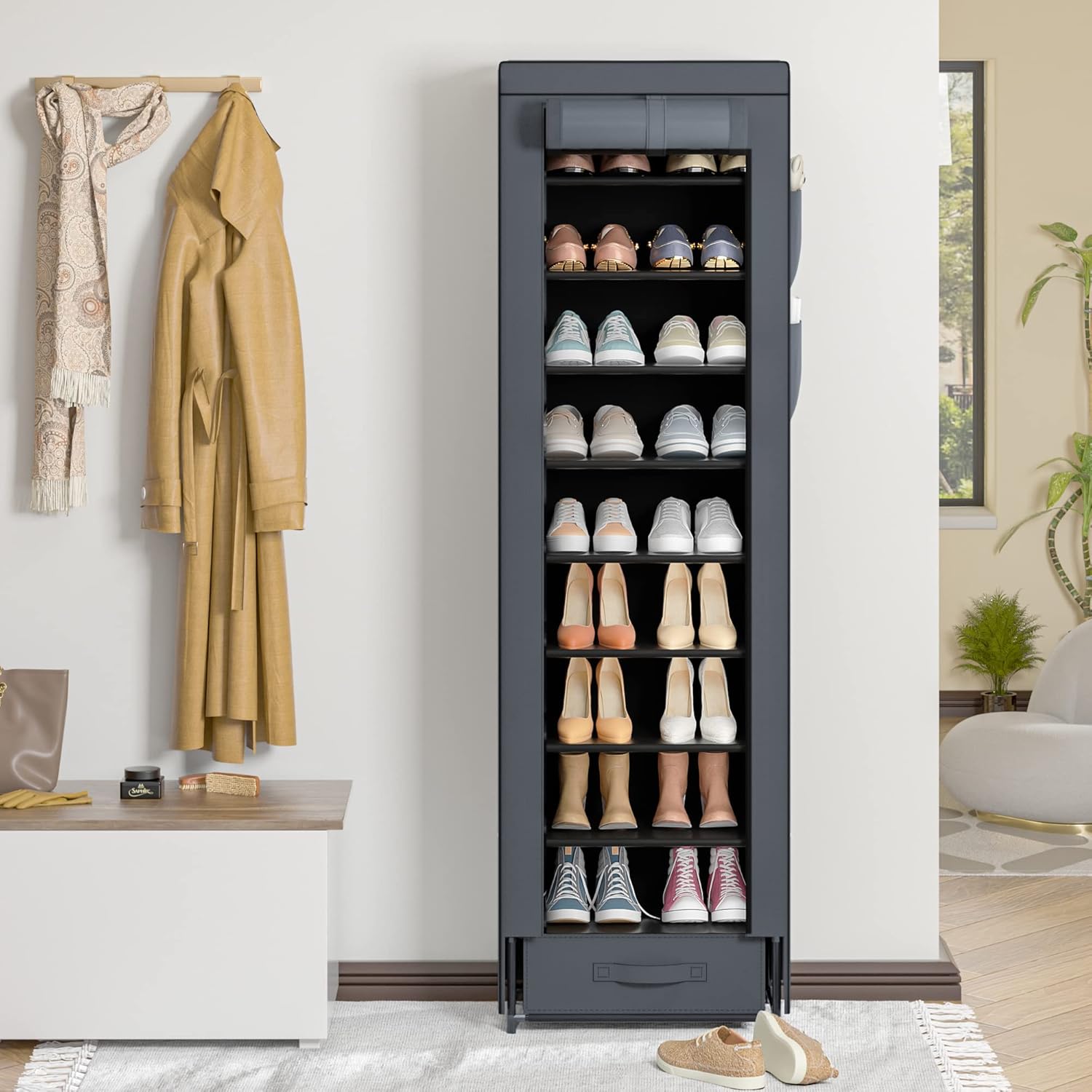 10 Tier Narrow Tall Shoe Rack and Dustproof Shoe Cabinet, Save Space