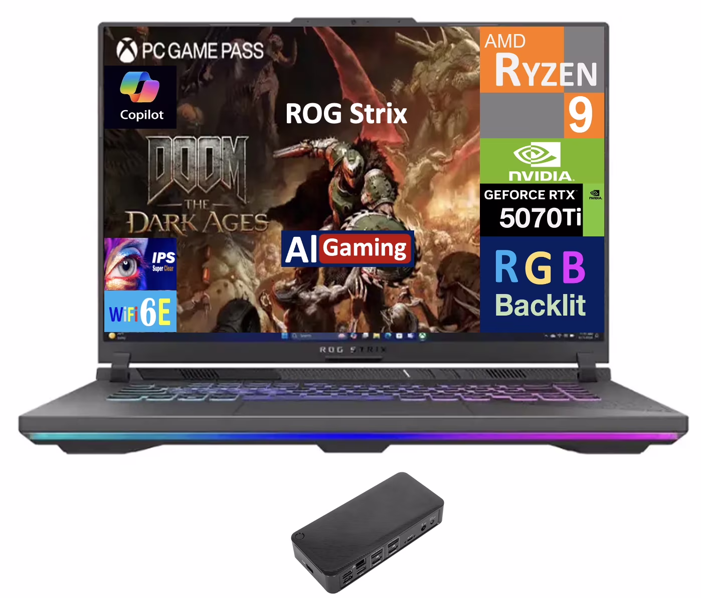 ASUS ROG Strix AI Gaming Laptop 16.0in 165Hz IPS WUXGA Display (AMD Ryzen 9 8940HX, NVIDIA GeForce RTX 5070 Ti 12GB, 16GB DDR5, 2TB PCIe SSD, RGB KB, WiFi 6E, Webcam, Win 11 Pro) w/USB-C Dock