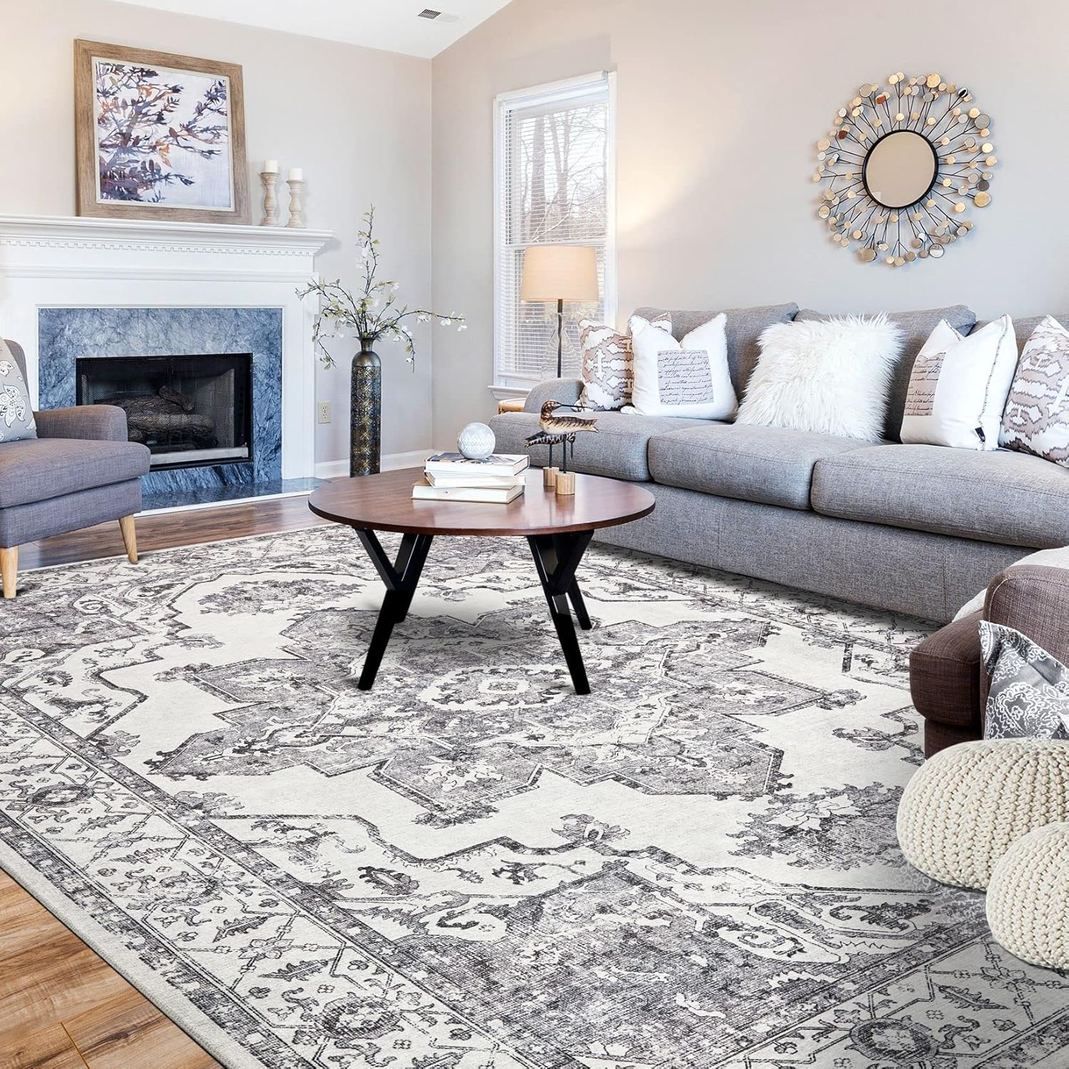 Area Rug Living Room Rugs 9x12 Machine Washable Large Carpet Boho Oriental Distressed Non-Slip Cream/Grey Area Rugs for Dining Room Farmhouse Bedroom Kids Playroom Office Home Decor