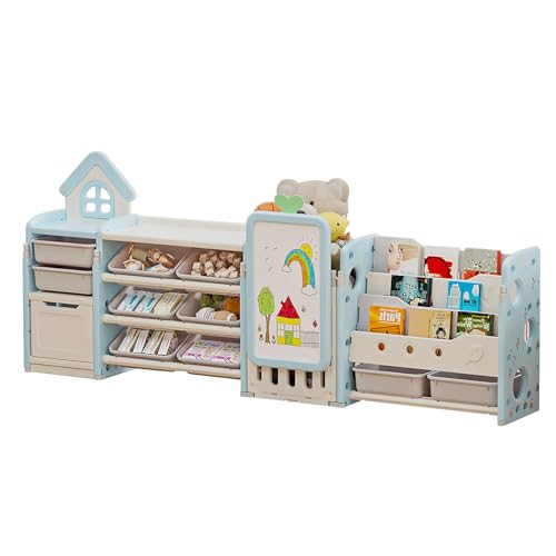 UNICOO Kids Multifunctional Toy Storage Organizer with 3-Tier Bookshelf, Storage Rack & Drawing Board, Flexible & Versatile L Shaped Organizer for Nursery, Playroom, Study Room (Pink)