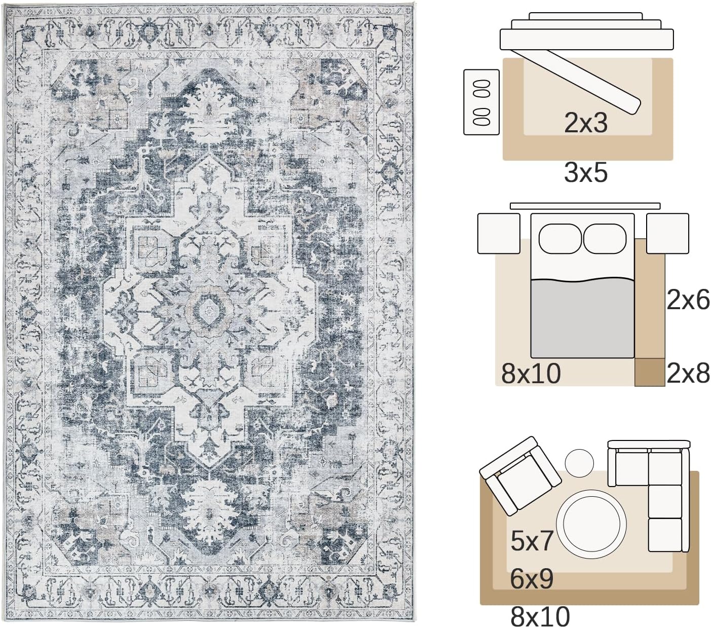 jinchan Area Rug 3x5 Washable Rug Vintage Rug Indoor Floor Distressed Carpet Gray Multi Thin Rug Grey Chenille Mat Accent Rug Lightweight Kitchen Bathroom Living Room Bedroom Dining Room
