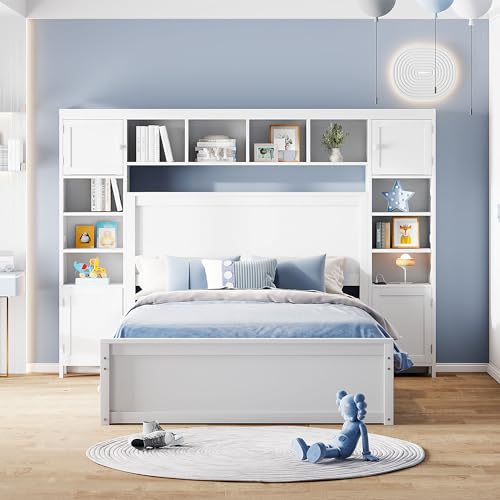 Full Size Platform Bed with Storage Cabinet Headboard & Trundle, Multi-Function Wood Bedframe with USB Port & Sockets, Space-Saving Design, No Box Spring Needed, Gray