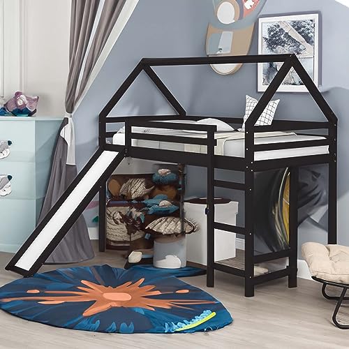 Twin Size Loft Bed with Slides, House Shape Solid Pine Wooden Bed Frame with Rails and Step Storage Drawers, No Box Spring Required, Space Saving Design for Teens, Girls, Boys (Espresso)