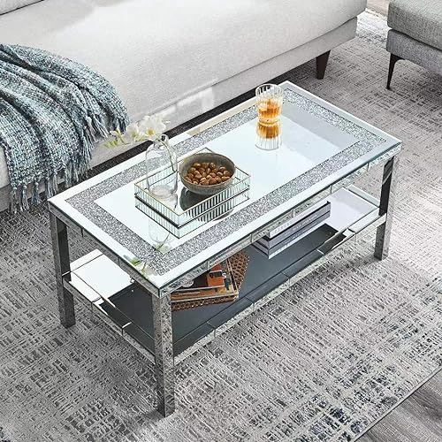 SSLine Modern Mirrored Coffee Table with 2 End Table Luxury 3-Piece Living Room Coffee End Table with Silver Mirror Finish & Shiny Diamond Decor Top 2-Tier Rectangle Center Table and Round Side Table