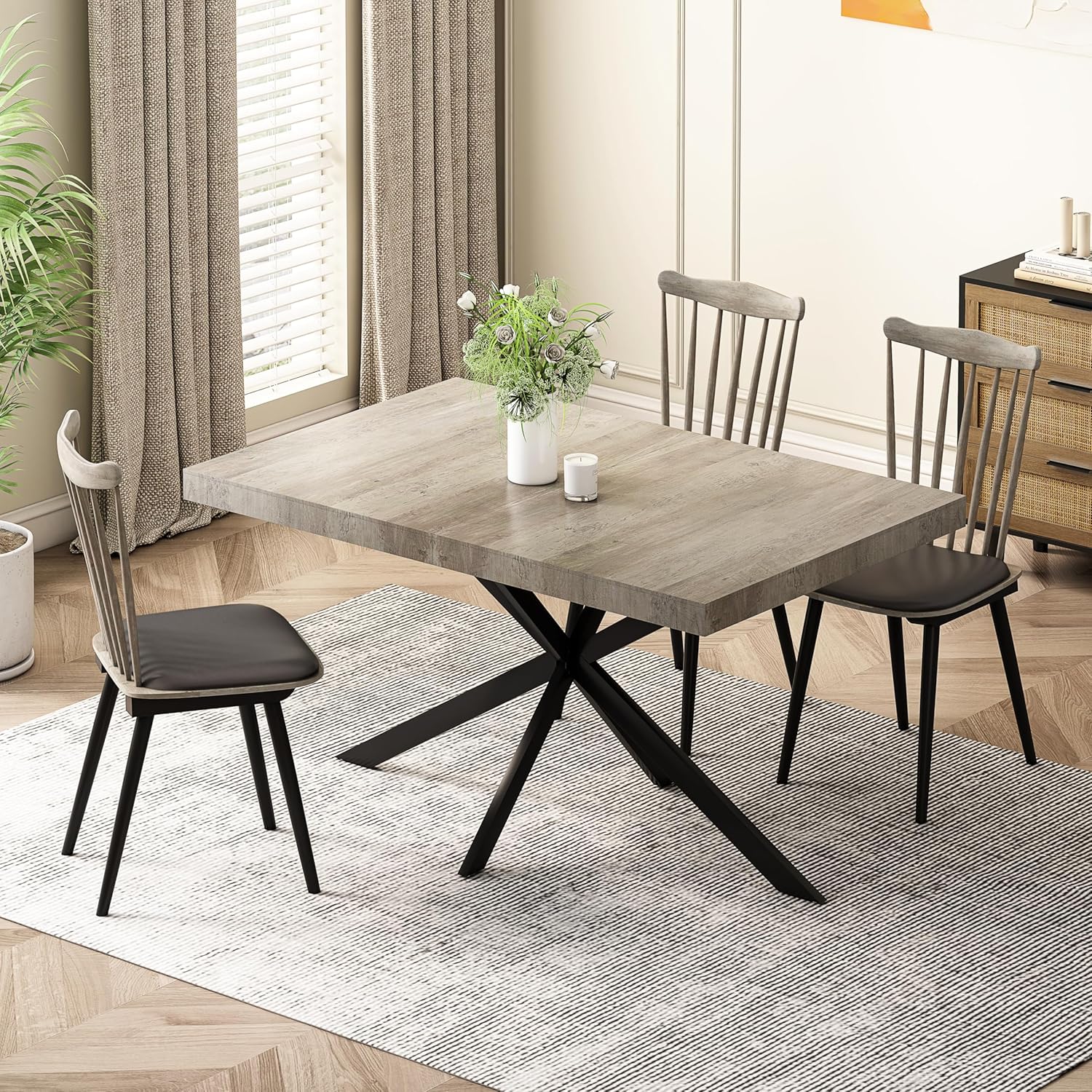 Retro Rectangular Stretch Dining Table, Grey Carole Top Embossed Center Plate, Black Fine Sand Cross Iron Foot Base DiningTable w/Storage Box, 1