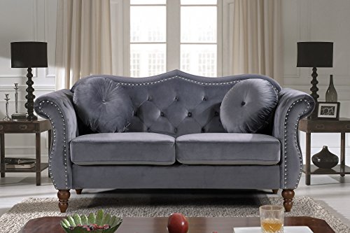 US Pride Furniture Anna Collection Modern Chesterfield Velvet Upholstered Sofa For Living Room with Elegant Rolled Arms, Solid Wood Frame & Accent Throw Pillows, Loveseat, Couch Set, Ash Grey
