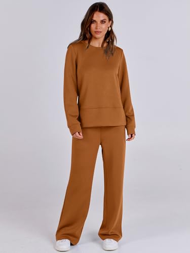 ANRABESS Women 2 Piece Outfits Sweatsuit Long Sleeve Crewneck Sweatshirts Wide Leg Sweatpants Lounge Set Tracksuit 2024 Fall