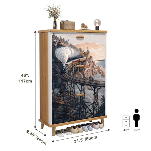 3 Drawer Shoe Cabinet, Artistic Shoe Cabinet, Mid Century Fireplace Purple Dusk Scene Cedar Board Art Wood Shoe Rack Organizer for Entryway Slim (31.5”W x 9.45”D 46”H), Small