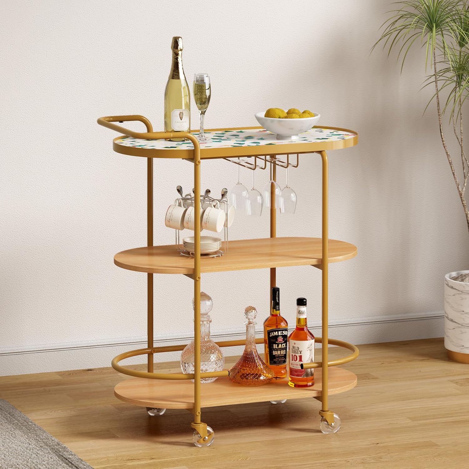 DlandHome Bar Cart 3-Tiers,Home Bar Serving Cart on Lockable Wheels,Golden,10FJGSHGS-085
