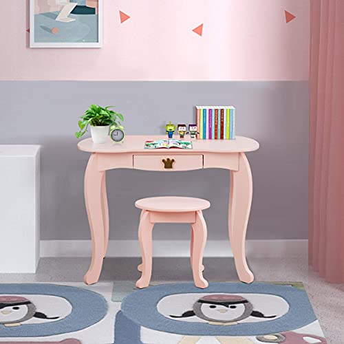 INFANS 2-in-1 Kids Vanity Table & Stool Set, Toddler Wooden Dressing Table with Tri-Fold Mirror & Drawer, Detachable Large Top, Princess Pretend Play Makeup Dresser for Little Girls