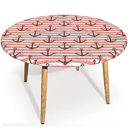 Anchor Round Tablecloth,Table Cover for Indoor Outdoor Party Waterproof Oil-Proof Stain-Resistant,Round Fitted Table Cover with Elastic Edges,Redwood White Coral- Fits Tables to 68″ - 74”
