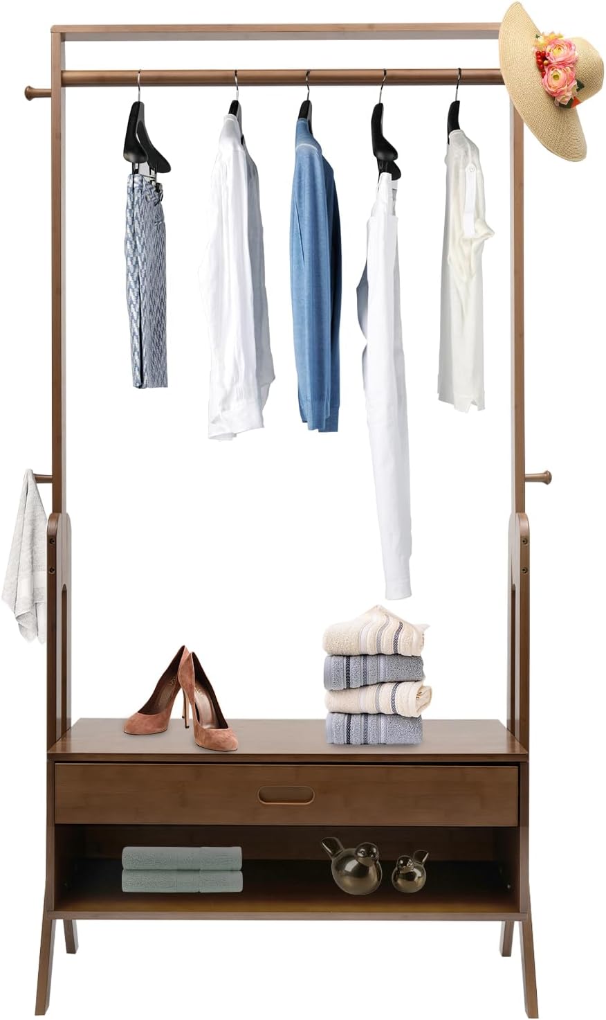 Retro Bamboo Garment Rack 32.9 × 13 × 66.7 Inch Vintage Bamboo Garment Rack Vintage Freestanding Closet Organizer with Drawer Coat Display Rack for Bedrooms