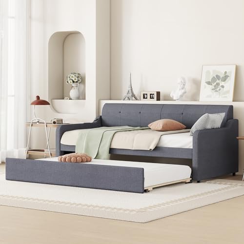 Twin Size Daybed Frame with Pop up Trundle,Upholstered Day Bed with Charging Station,Daybed with Trundle Bed Twin,Wood Sofa Bed Frame with USB for Bedroom,Living Room,Guest,Office,Twin,Beige